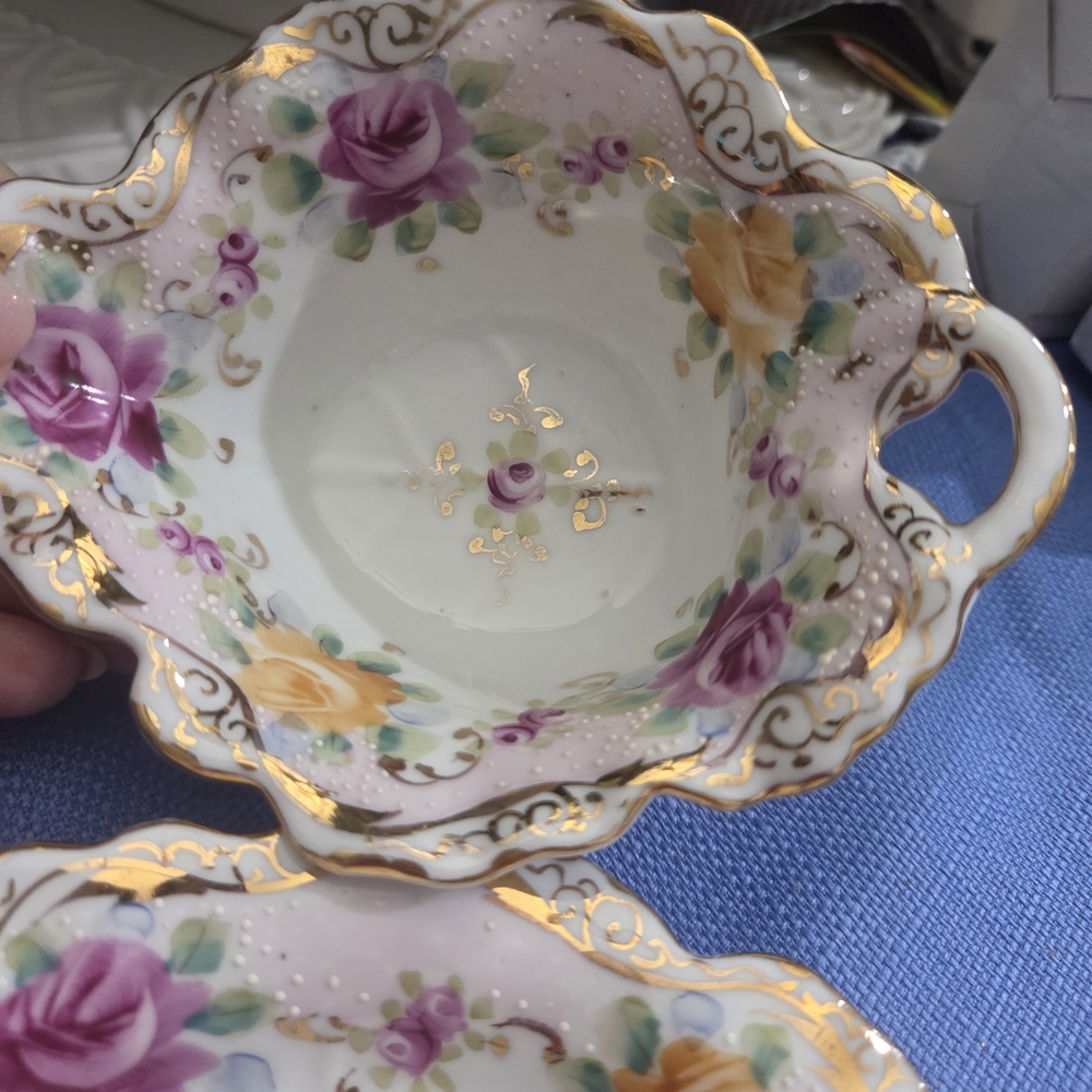 Antique Floral Boat And Dish Trimmed In Gold - Picture 6 of 7